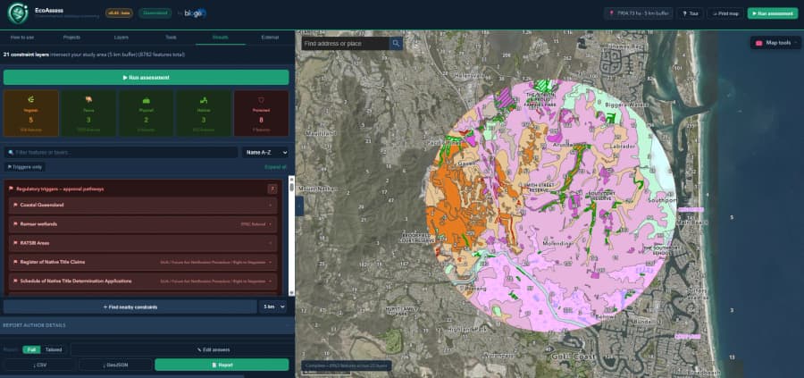 SiteCensus interactive map, showing a study area, buffer and intersecting constraint layers over live basemaps