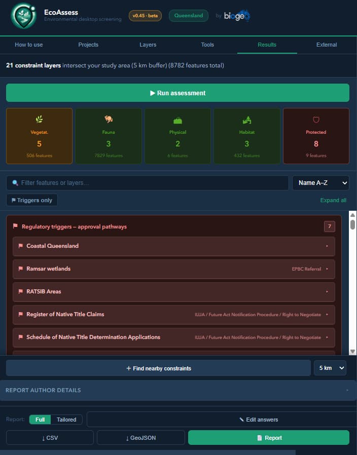 SiteCensus results screen, showing constraint categories and layer tallies