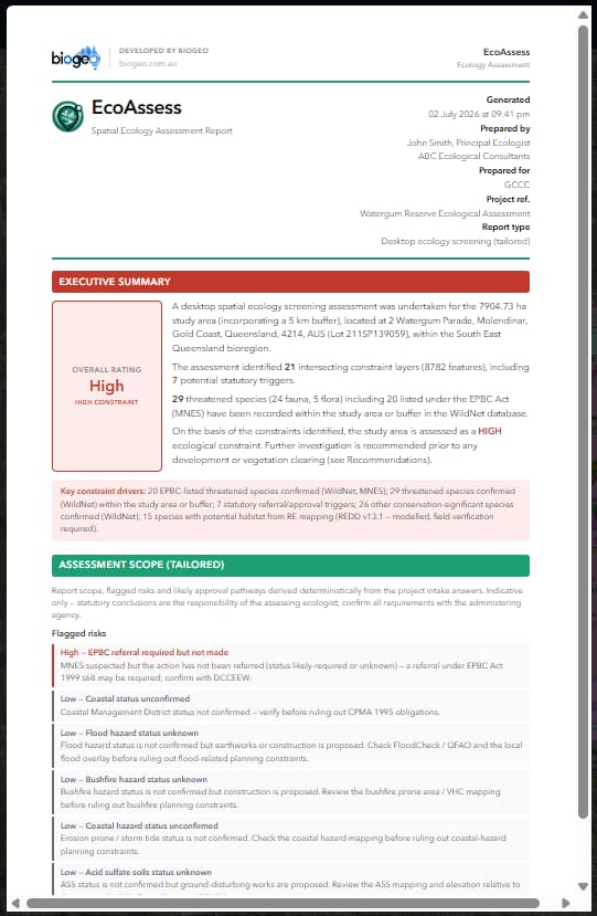 SiteCensus exported report, showing executive summary and constraint rating